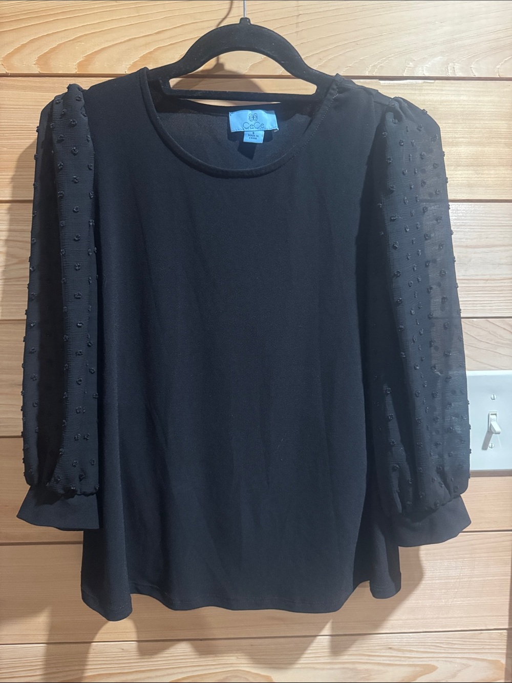 CeCe Black Puff-Sleeve Dotted Chiffon Blouse